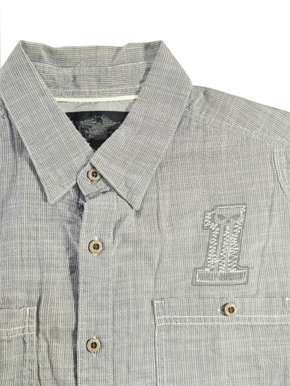 Harley Davidson Men's XL 100% Cotton Short Sleeve Button Down Shirt Gray Striped